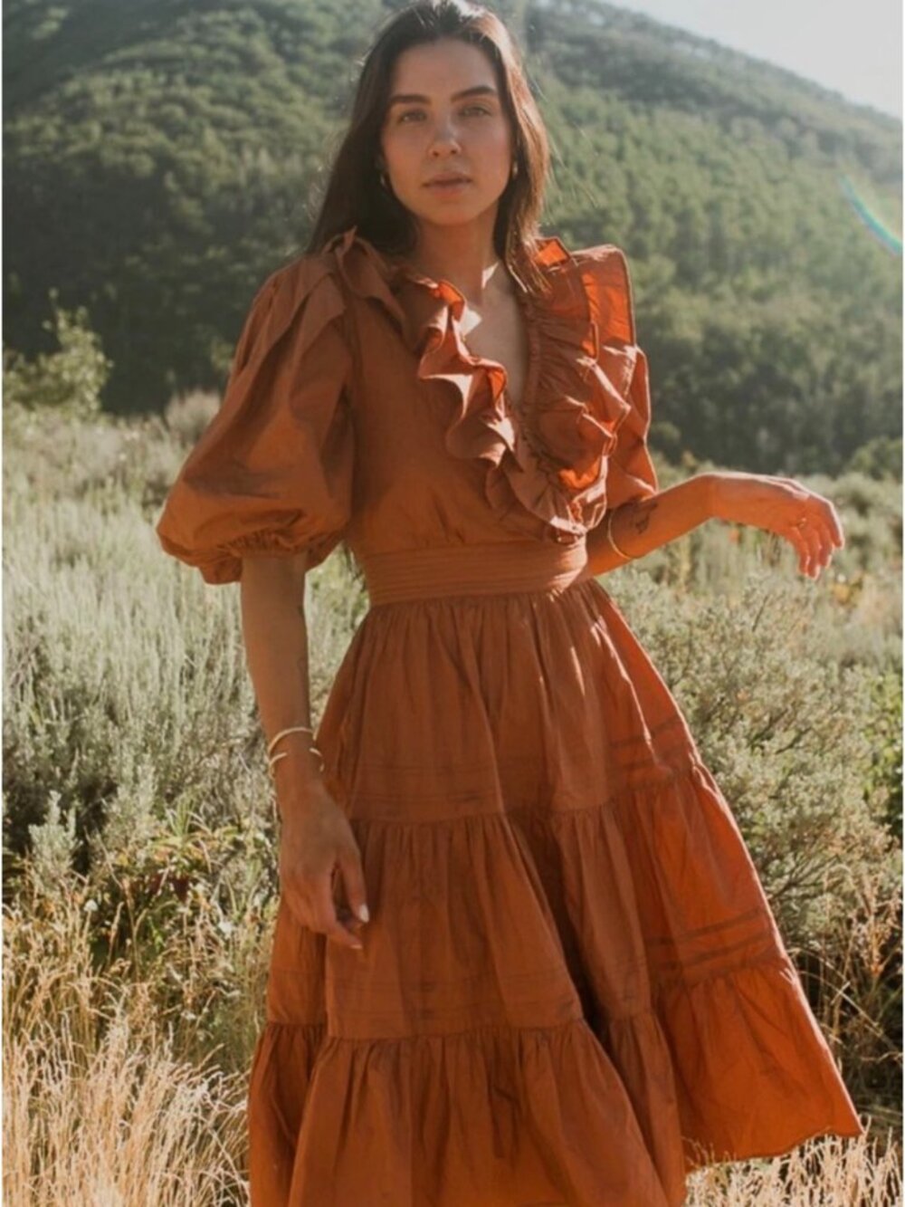 Ivy City Ginger Puff Sleeves Tiered Dress Womens Medium Ruffles Peasant Prairie